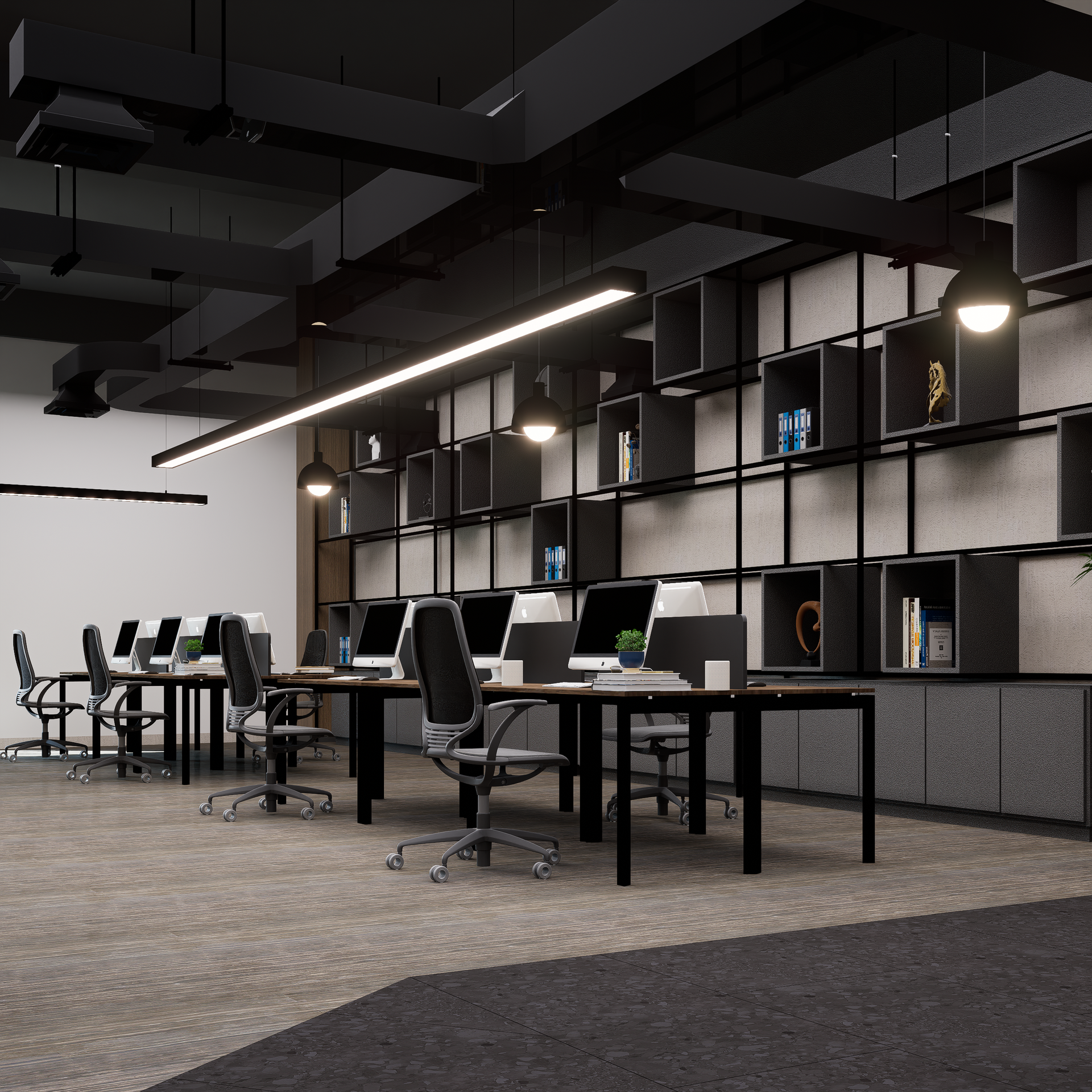 A modern, minimalist office interior featuring ergonomic chairs and sleek workstations.